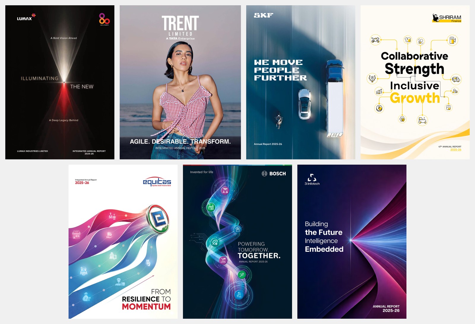 The seven covers, top row Lumax, Trent, SKF India and Shriram Finance; bottom row Equitas, Bosch and 3i Infotech. Source: Lumax Industries, Integrated Annual Report 2025-26; Trent, Integrated Annual Report 2026; SKF India, Annual Report 2025-26; Shriram Finance, Annual Report 2025-26; Equitas Small Finance Bank, Integrated Annual Report 2025-26; Bosch, Annual Report 2025-26; 3i Infotech, Annual Report 2025-26; PDF p. 1 of each.