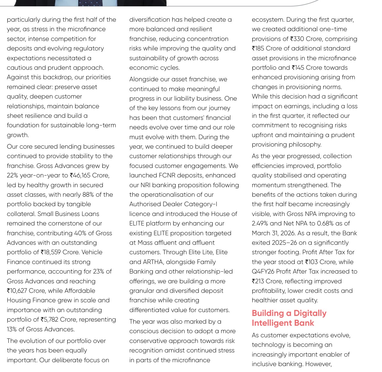 The Equitas MD and CEO's letter, setting out ₹330 crore of one-time provisions and the first-quarter loss. Source: Equitas Small Finance Bank, Integrated Annual Report 2025-26, PDF p. 9.