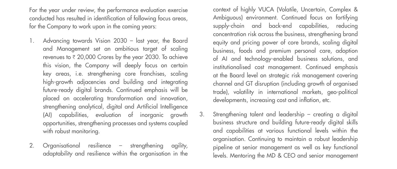 Marico's board evaluation outcome: the focus areas the evaluation identified, including Vision 2030, organisational resilience and leadership. Source: Marico, Integrated Annual Report 2025-26, PDF p. 155.