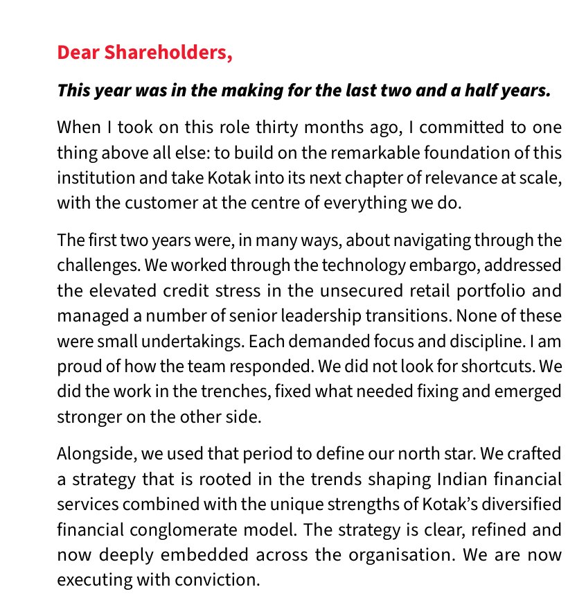 The opening of Kotak Mahindra Bank's MD and CEO letter, which names the technology embargo and unsecured credit stress before turning to strategy. Source: Kotak Mahindra Bank, Integrated Annual Report 2025-26, PDF p. 9.