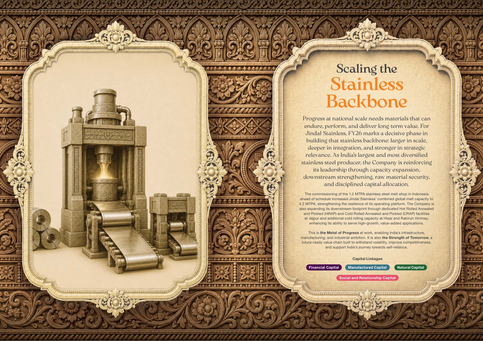 Jindal Stainless's carved-relief theme on a section opener, with the capitals the section links to tagged at the foot of the text panel. Source: Jindal Stainless, Integrated Report 2025-26, PDF p. 9.