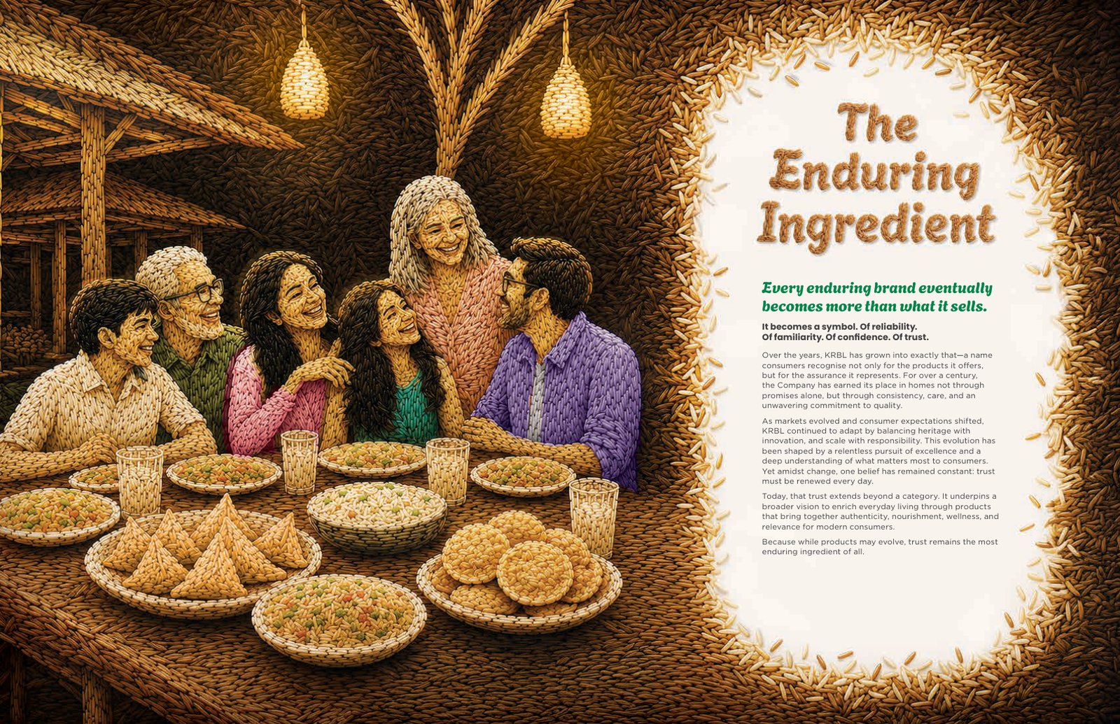 KRBL's rice-grain illustration, where people, food and lamps are built from grains of rice. Source: KRBL, Annual Report 2025-26, PDF p. 5.