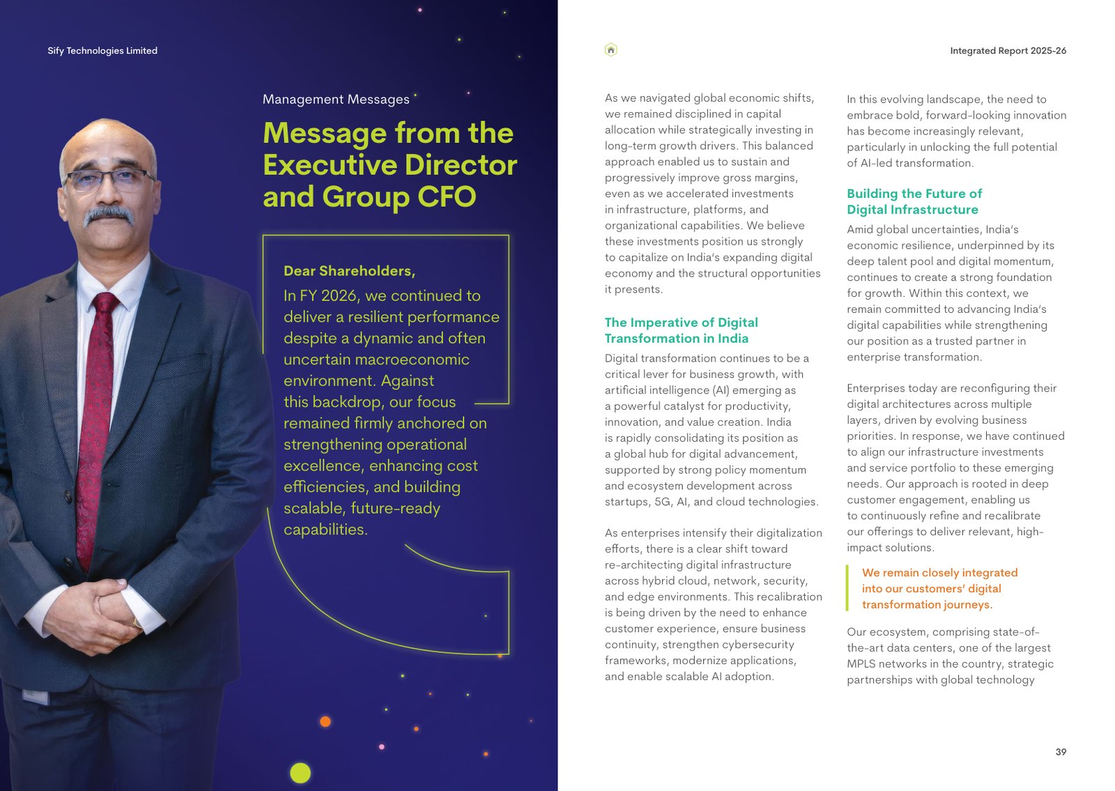 Sify's message from the Executive Director and Group CFO, which sits alongside the Chairman's letter in the management messages section. Source: Sify Technologies, Integrated Report 2025-26, PDF p. 21.