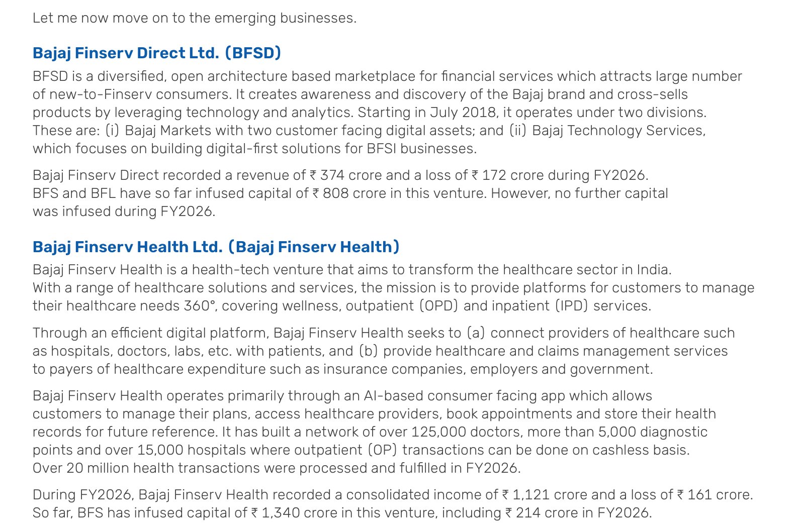 Bajaj Finserv's Chairman's letter, reporting the FY2026 losses of its two newer ventures alongside the capital invested. Source: Bajaj Finserv, Annual Report 2025-26, PDF p. 6.