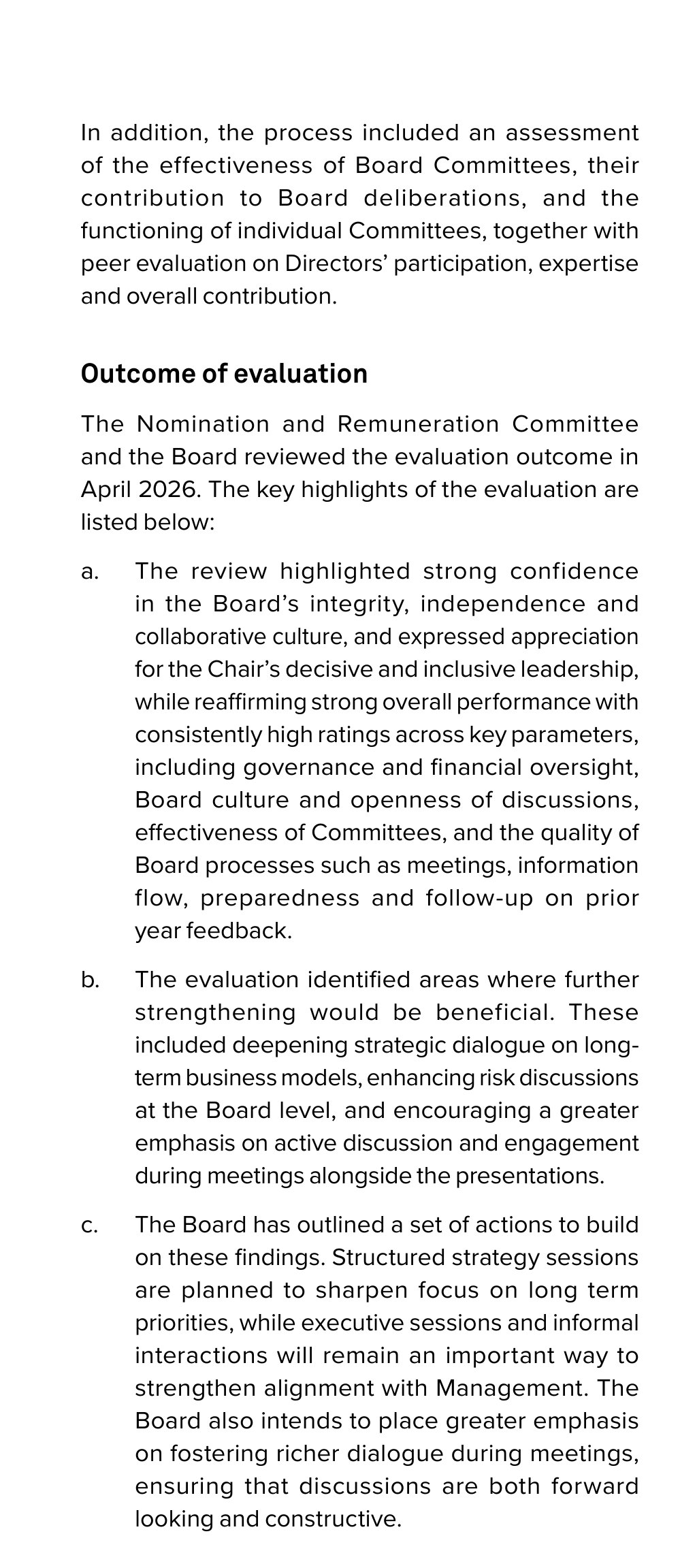 Wipro's board evaluation outcome, listing what the review found, where it wants improvement and the actions planned. Source: Wipro, Integrated Annual Report 2025-26, PDF p. 104.