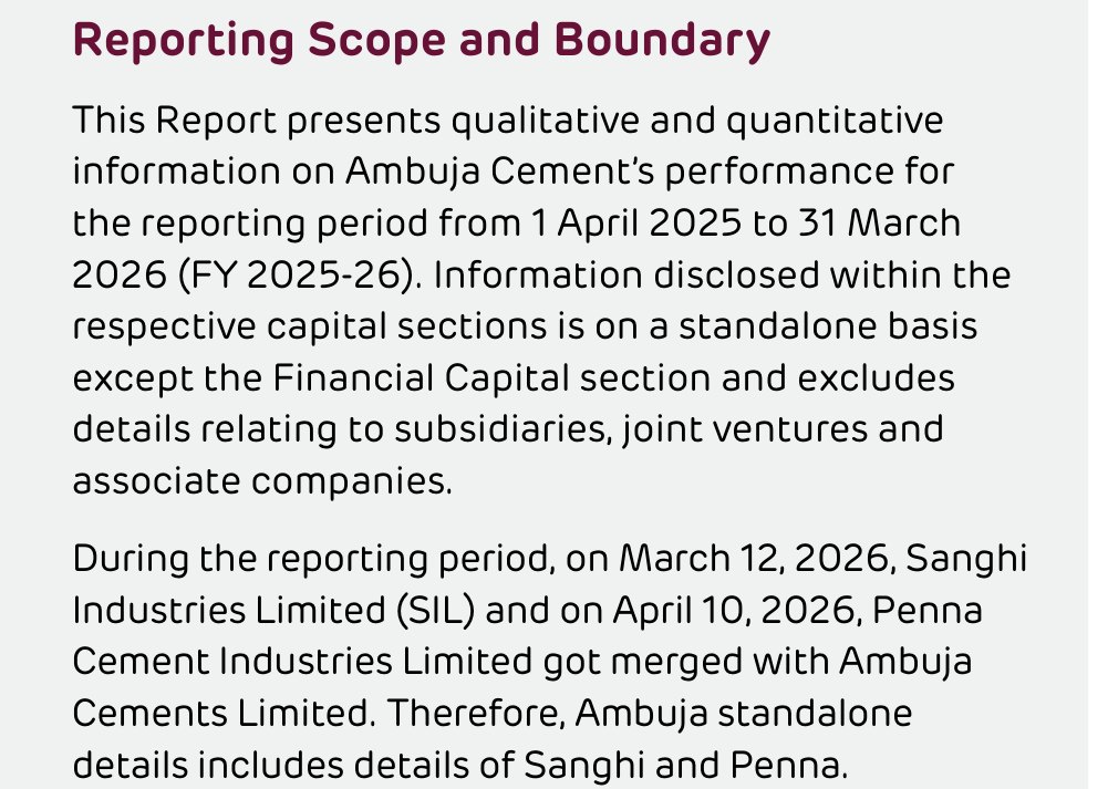 Ambuja Cements' reporting scope note, which places an April 2026 merger inside a reporting period that ended in March 2026. Source: Ambuja Cements, Integrated Annual Report 2025-26, PDF p. 3.