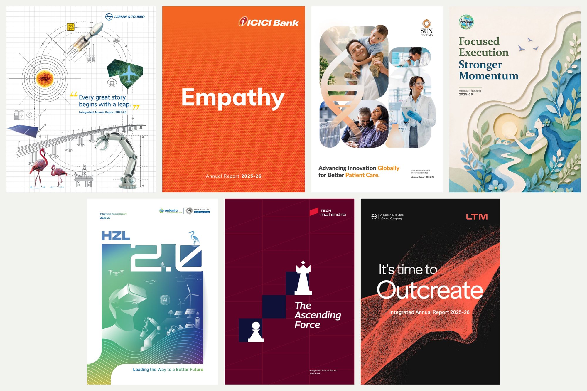 Seven 2025-26 annual report covers from L&T, ICICI Bank, Sun Pharma, Amrutanjan Health Care, Hindustan Zinc, Tech Mahindra and LTM. Source: each company's annual or integrated report for 2025-26, front cover.
