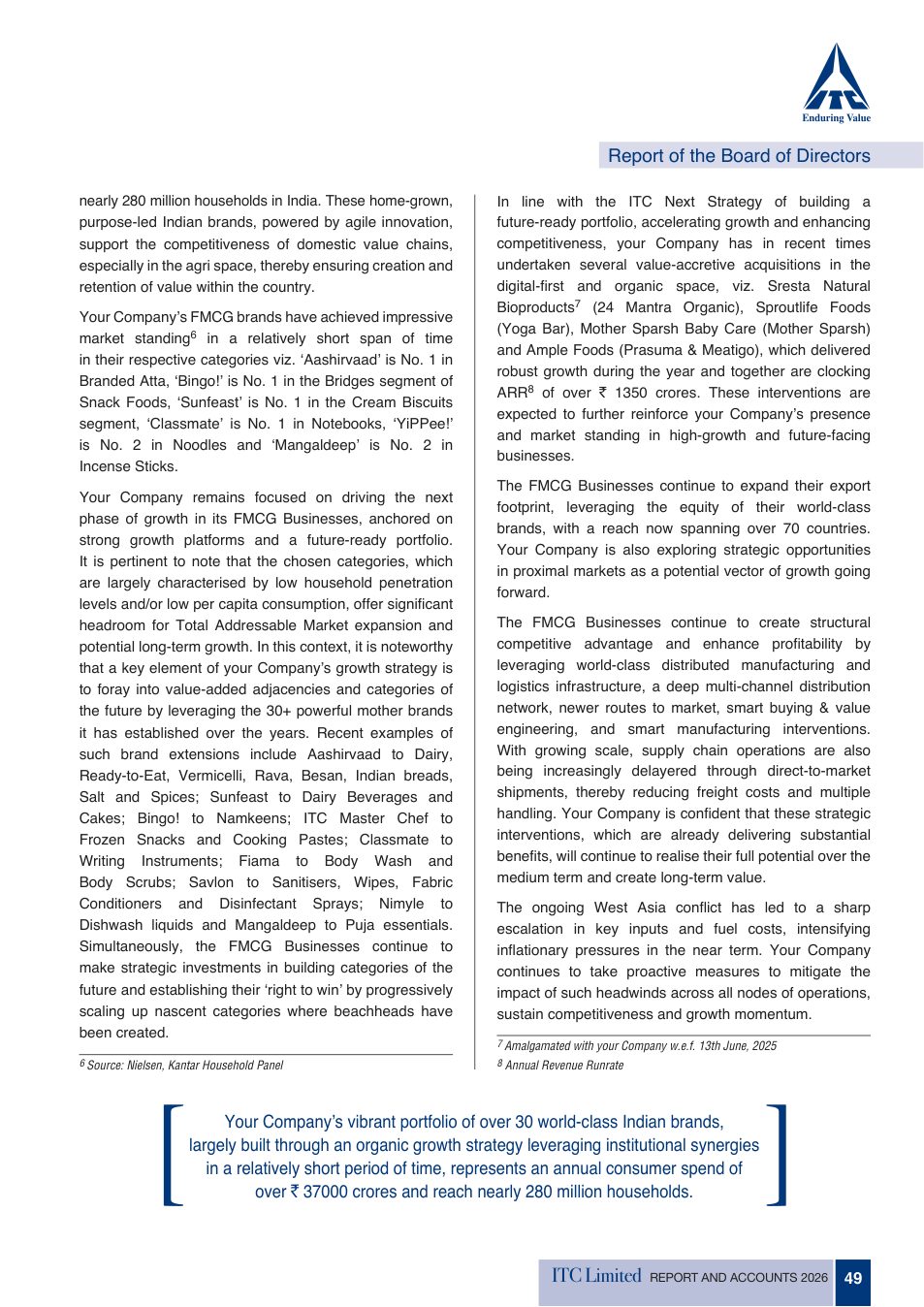 A page of the Board's report set in two dense columns of text, with one highlighted quote. Source: ITC Limited, Report and Accounts 2026, p. 49.