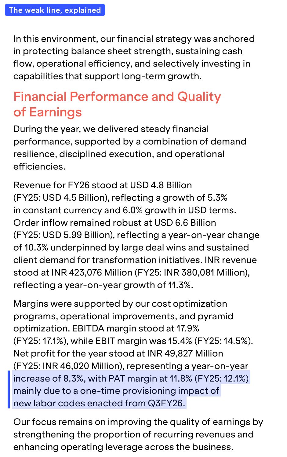 LTM's CFO puts the margin dip and its cause in the same sentence as the profit growth. Source: LTM Limited, Integrated Annual Report 2025-26, PDF p. 8.