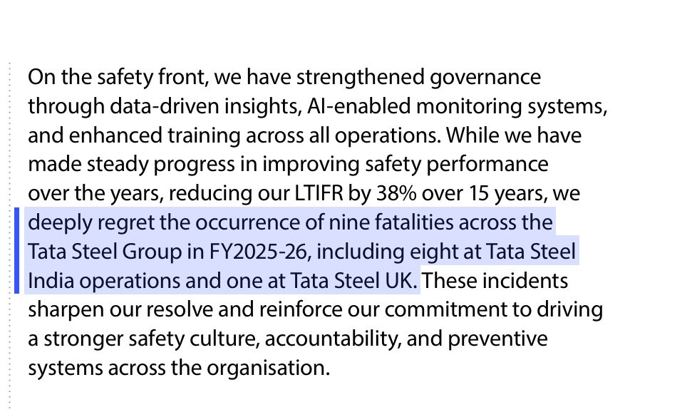 Tata Steel's leadership Q&A states the year's nine fatalities and where they happened. Source: Tata Steel Limited, Integrated Report and Annual Accounts 2025-26, PDF p. 21.