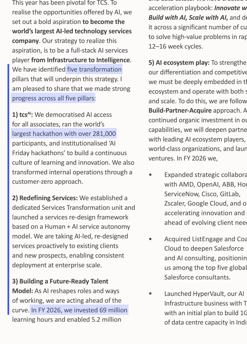 TCS's CEO names five pillars and then reports progress against each, with numbers. Source: Tata Consultancy Services Limited, Integrated Annual Report 2025-26, PDF p. 9.