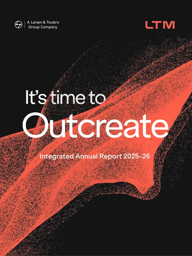 Cover of the LTM Integrated Annual Report 2025-26, 'It's time to Outcreate'. Source: LTM Limited, Integrated Annual Report 2025-26, cover.