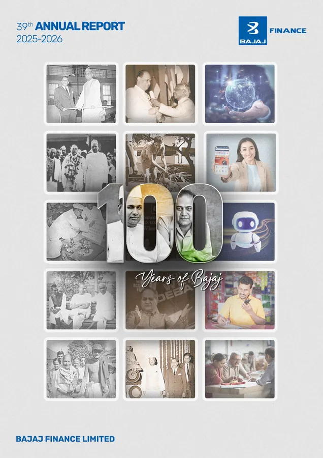 Cover of the Bajaj Finance 39th Annual Report 2025-2026, with a '100 Years of Bajaj' collage. Source: Bajaj Finance Limited, Annual Report 2025-26, cover.