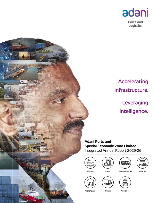 Cover of the Adani Ports and Special Economic Zone Integrated Annual Report 2025-26, 'Accelerating Infrastructure, Leveraging Intelligence.' Source: Adani Ports and Special Economic Zone Limited, Integrated Annual Report 2025-26, cover.