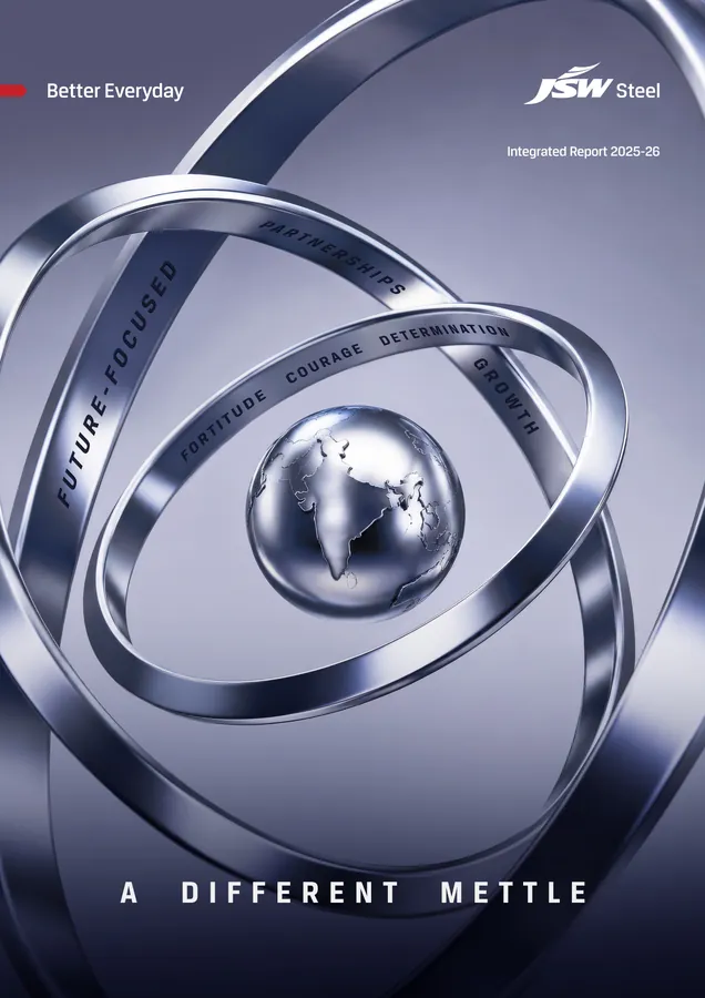 Cover of the JSW Steel Integrated Report 2025-26, 'A Different Mettle'. Source: JSW Steel Limited, Integrated Report 2025-26, cover.