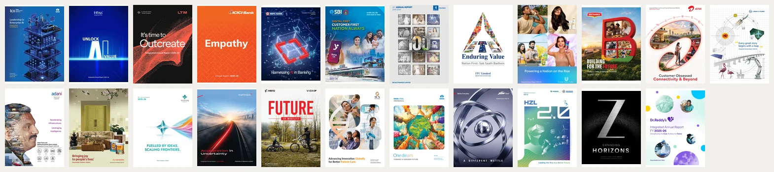 All 23 FY 2025-26 covers at 120 pixels wide, roughly the size of a search or filings-page thumbnail. Top row: TCS, Infosys, LTM, ICICI Bank, HDFC Bank, SBI, Bajaj Finance, ITC, HUL, Britannia, Bharti Airtel, L&T. Bottom row: Adani Ports, Asian Paints, Titan, Mahindra, Hero MotoCorp, Sun Pharma, Tata Steel, JSW Steel, Hindustan Zinc, Zee Entertainment, Dr. Reddy's. Sources: each company's Annual Report or Integrated Annual Report 2025-26, cover.
