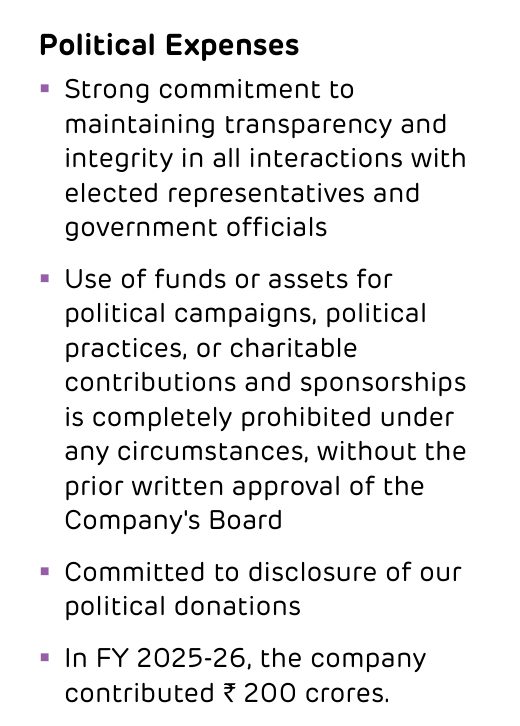 The governance chapter's political expenses disclosure. Source: Adani Ports and Special Economic Zone Limited, Integrated Annual Report 2025-26, p. 323.