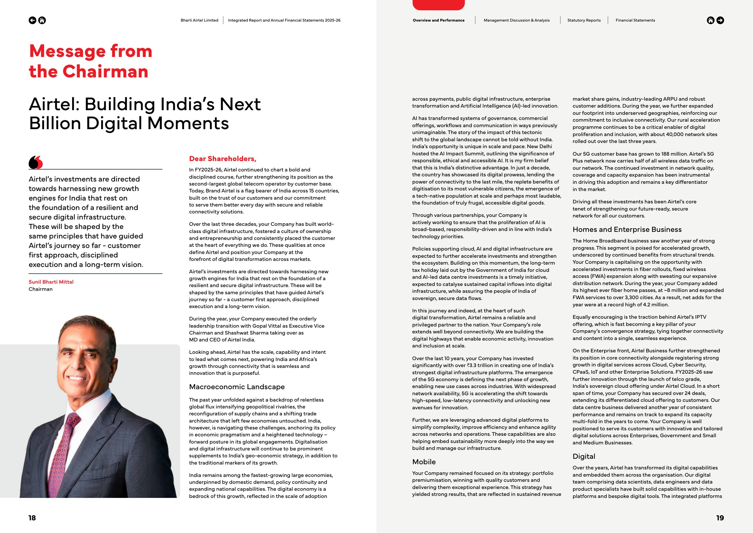The Chairman's message. Source: Bharti Airtel Limited, Integrated Annual Report 2025-26, pp. 18-19.