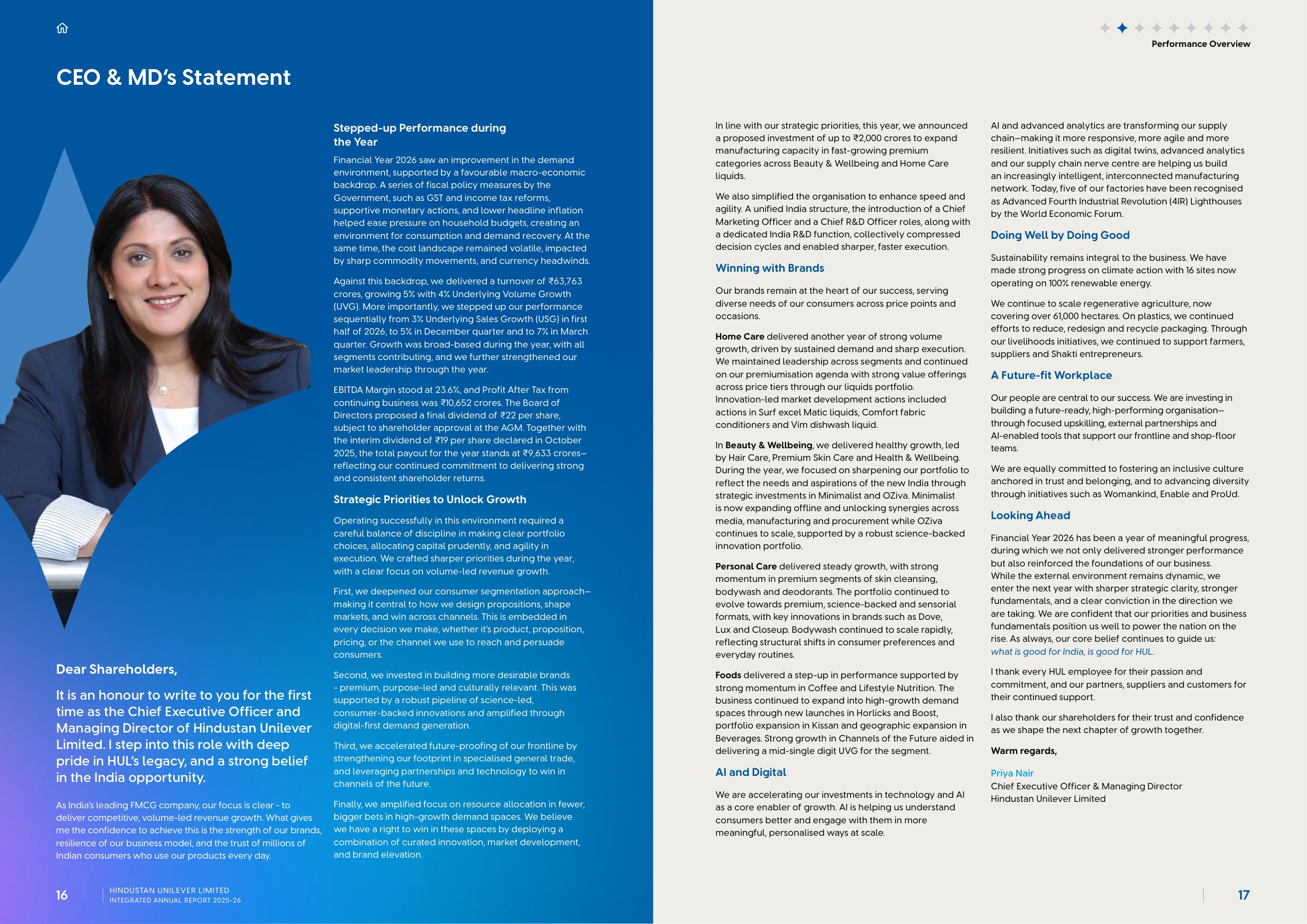 The CEO and Managing Director's statement: a first letter that leads with the numbers. Source: Hindustan Unilever Limited, Integrated Annual Report 2025-26, pp. 16-17.