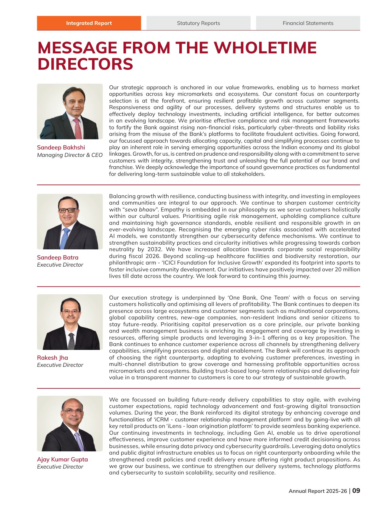 The Message from the Wholetime Directors: four leaders, one page, no figures. Source: ICICI Bank Limited, Annual Report 2025-26, p. 9.