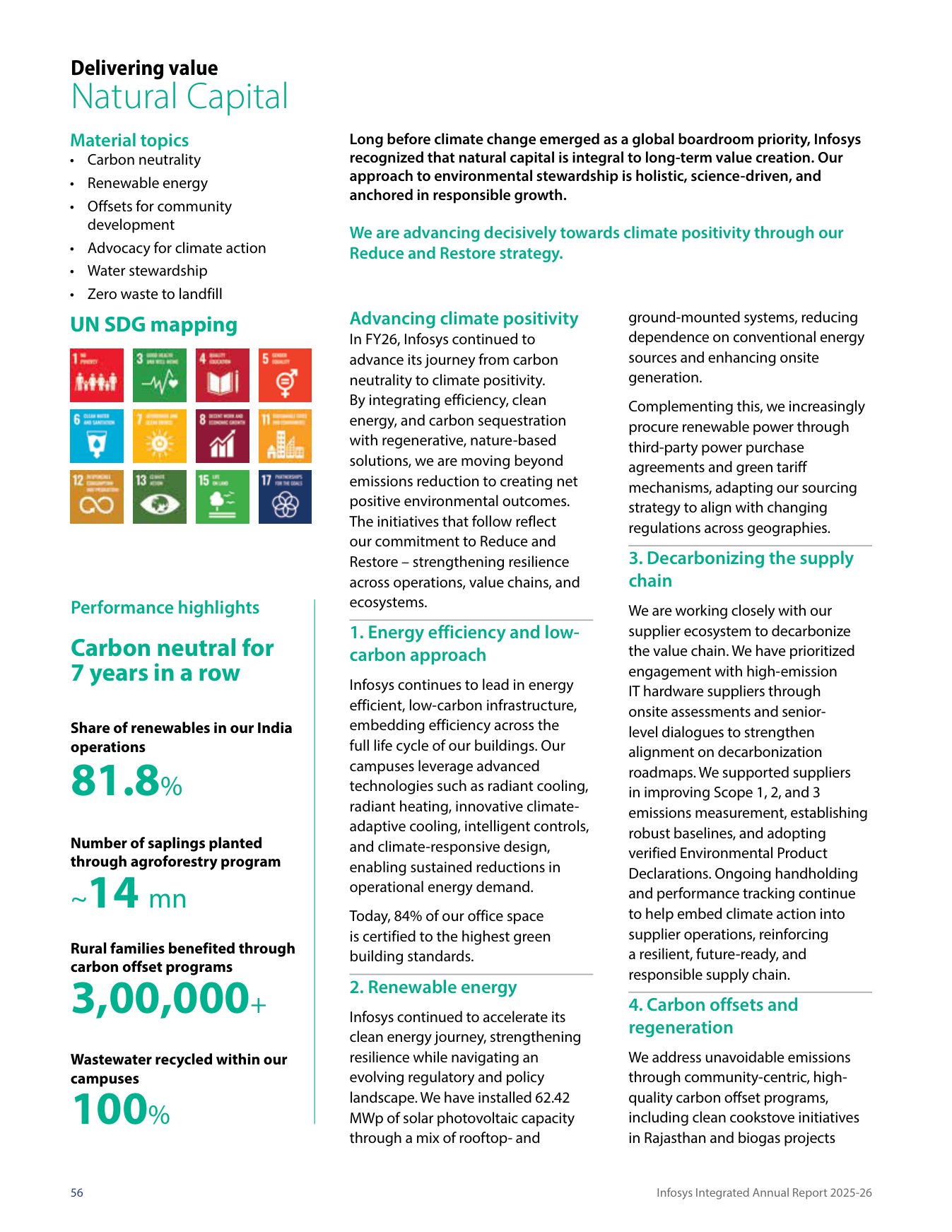 Natural capital: material topics, highlights, and the Reduce and Restore narrative. Source: Infosys Limited, Integrated Annual Report 2025-26, p. 56.