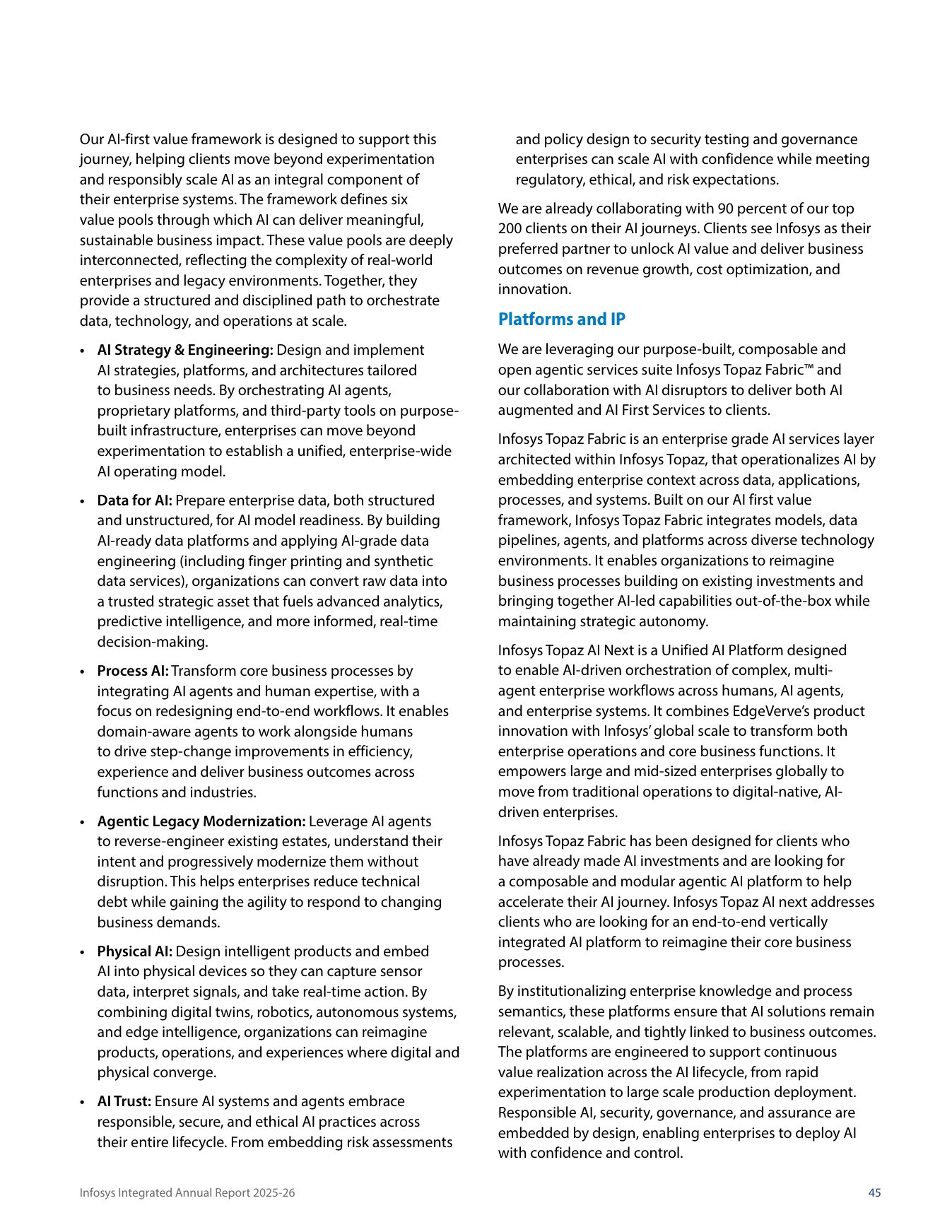 The AI-first strategy: six pillars, two service categories, four foundations. Source: Infosys Limited, Integrated Annual Report 2025-26, p. 45.