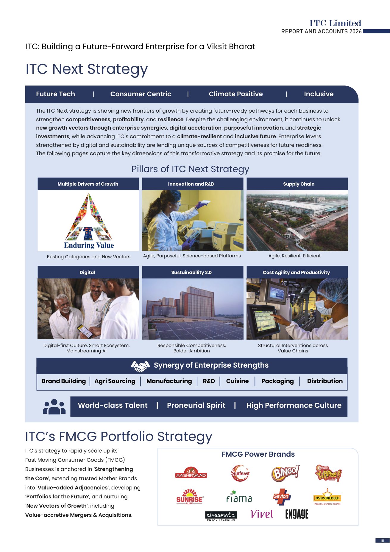 The ITC Next strategy: FMCG portfolio strategy and pillars. Source: ITC Limited, Report and Accounts 2026, p. iii.