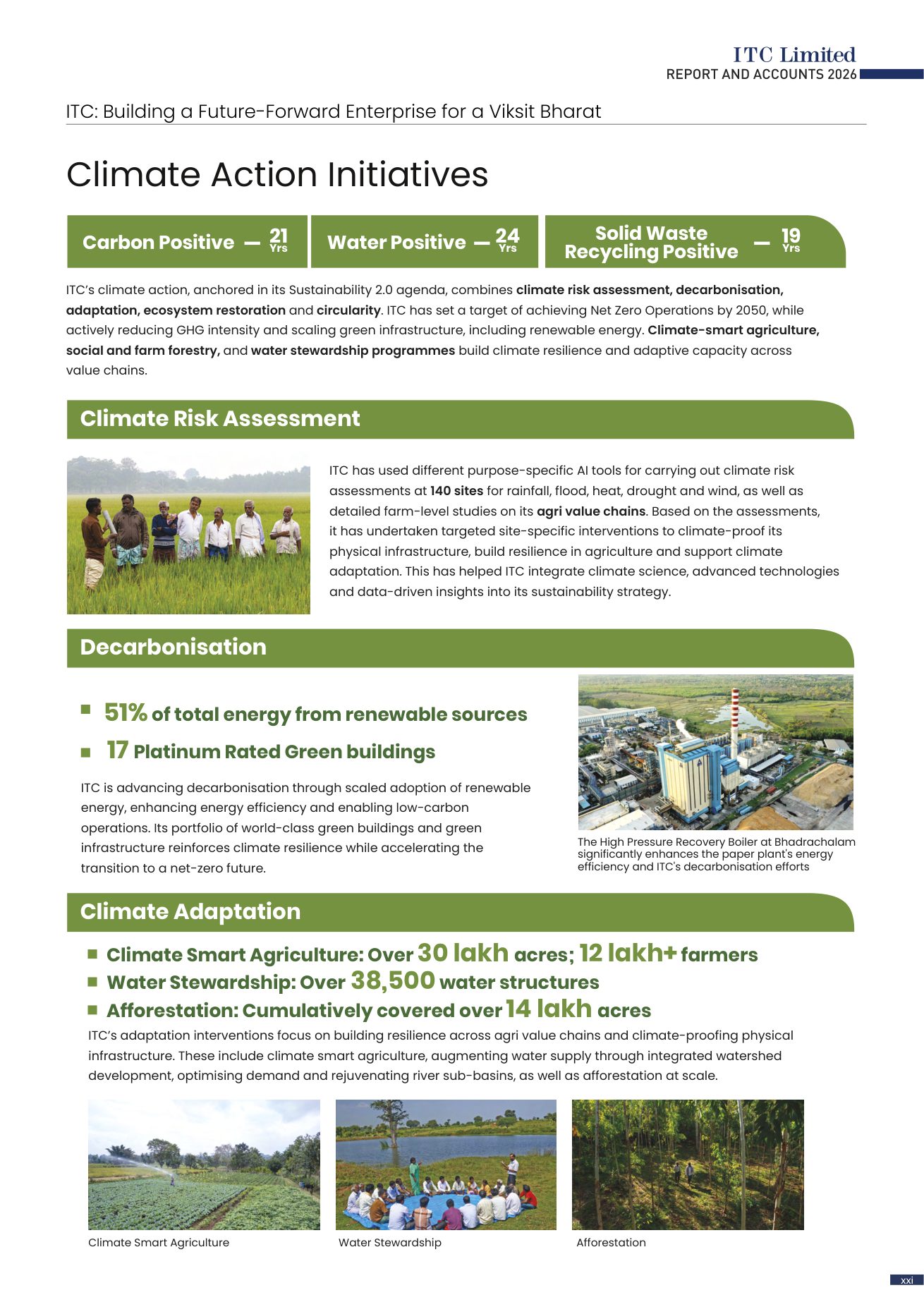 Climate action page: '21 years carbon positive', risk assessment at 140 sites, and the Net Zero Operations 2050 target. Source: ITC Limited, Report and Accounts 2026, p. xxi.