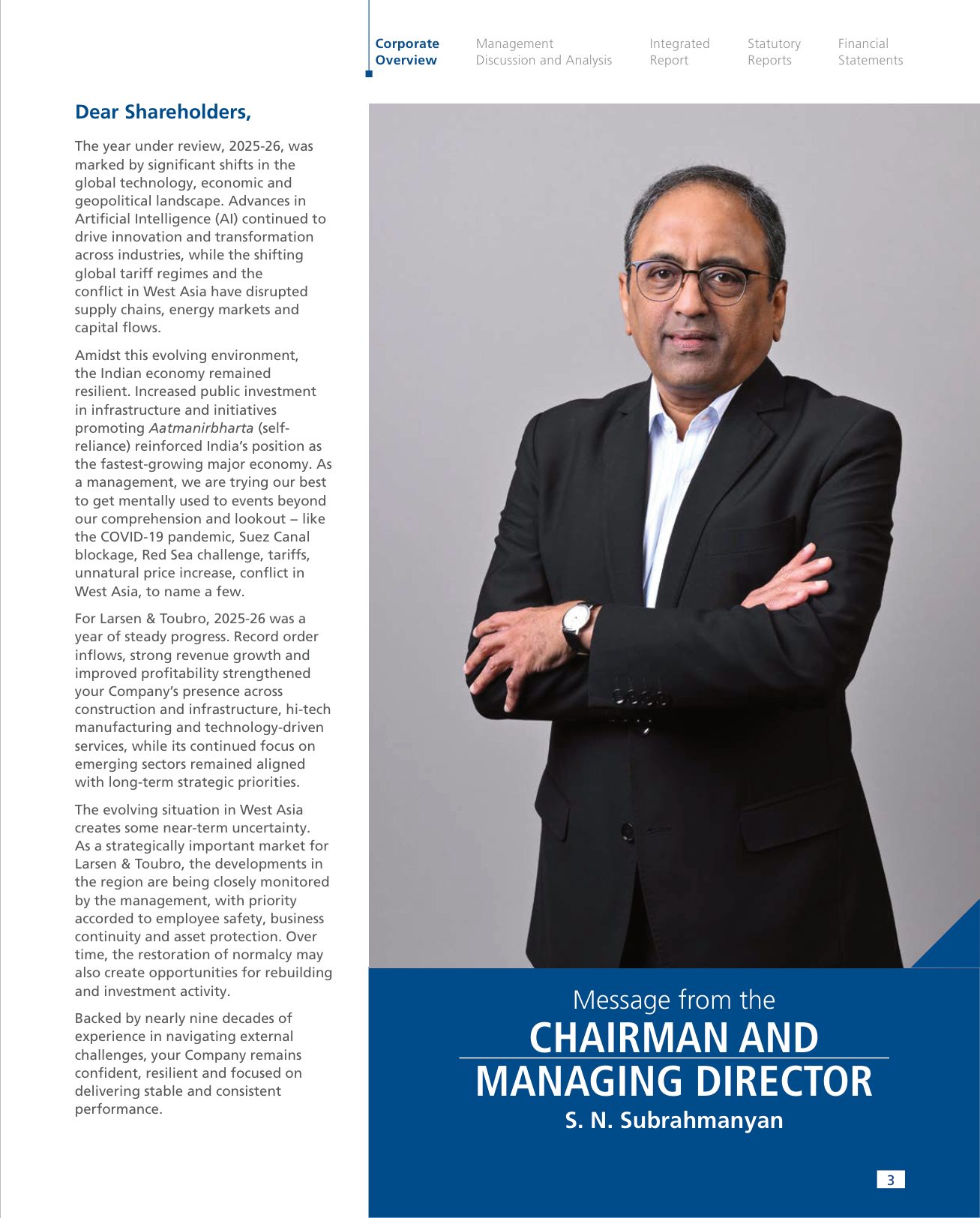 The Chairman and Managing Director's message opens the report. Source: Larsen & Toubro Limited, Integrated Annual Report 2025-26, p. 3.