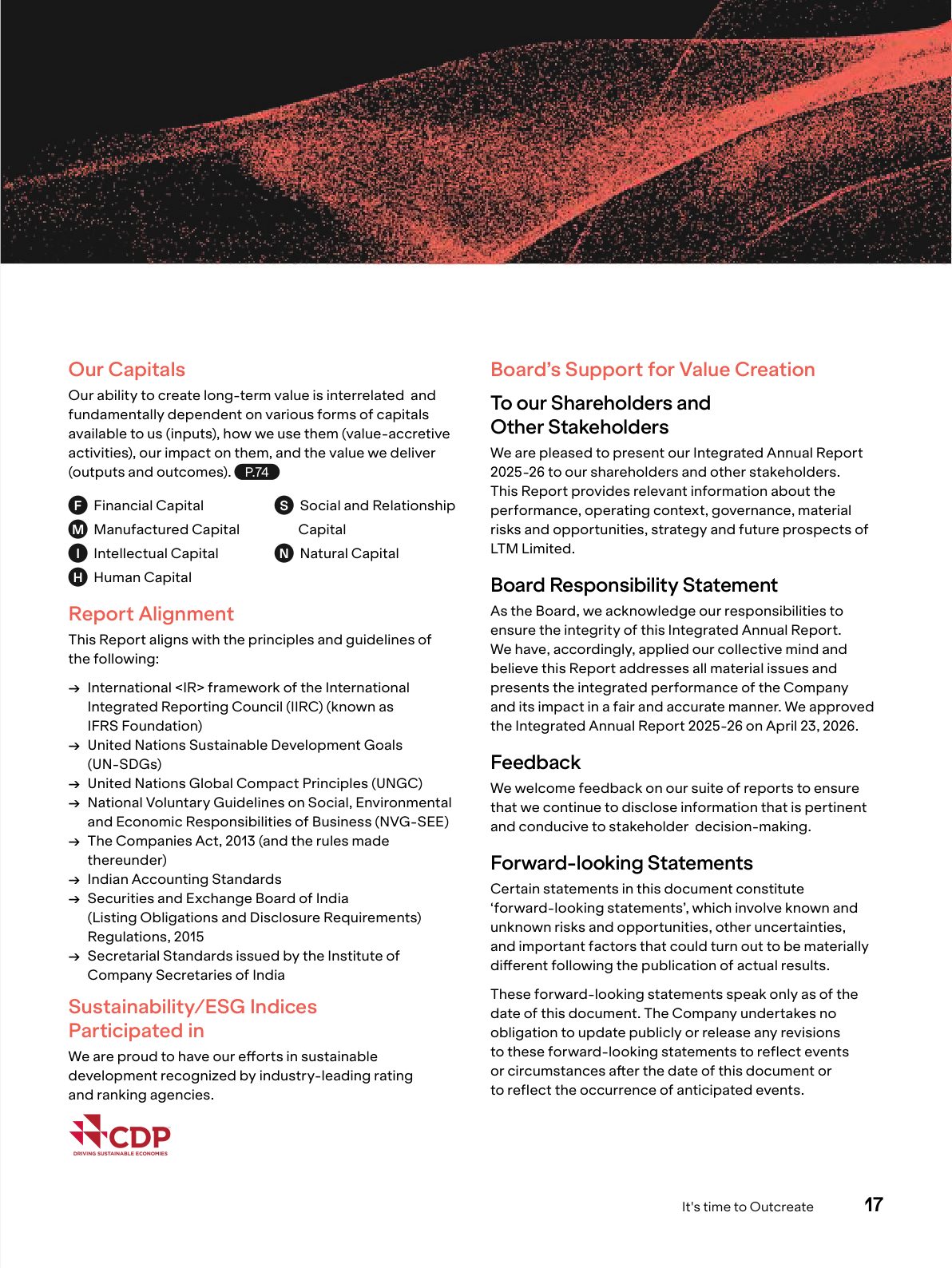 The Report Profile: capitals, framework alignment and the Board Responsibility Statement approved on 23 April 2026. Source: LTM Limited, Integrated Annual Report 2025-26, p. 17.
