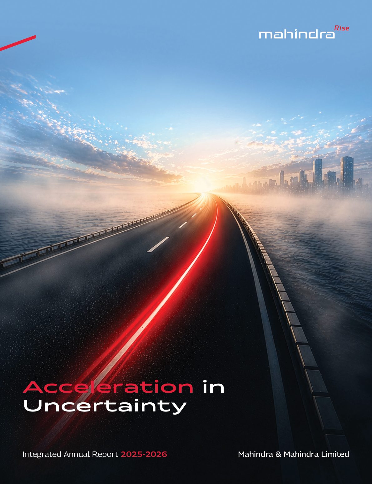 Cover of Mahindra & Mahindra's Integrated Annual Report 2025-26, 'Acceleration in Uncertainty'. Source: Mahindra & Mahindra Limited, Integrated Annual Report 2025-26, PDF page 1.