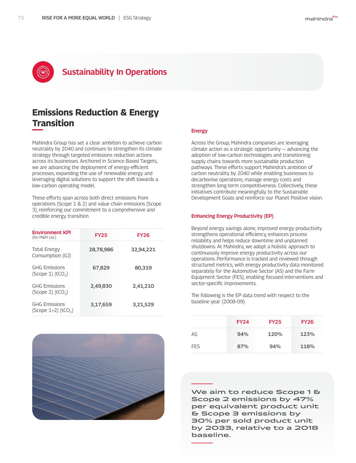Environment KPIs for M&M Ltd: energy and Scope 1 and 2 rising in absolute terms, beside an intensity target. Source: Mahindra & Mahindra Limited, Integrated Annual Report 2025-26, p. 73.
