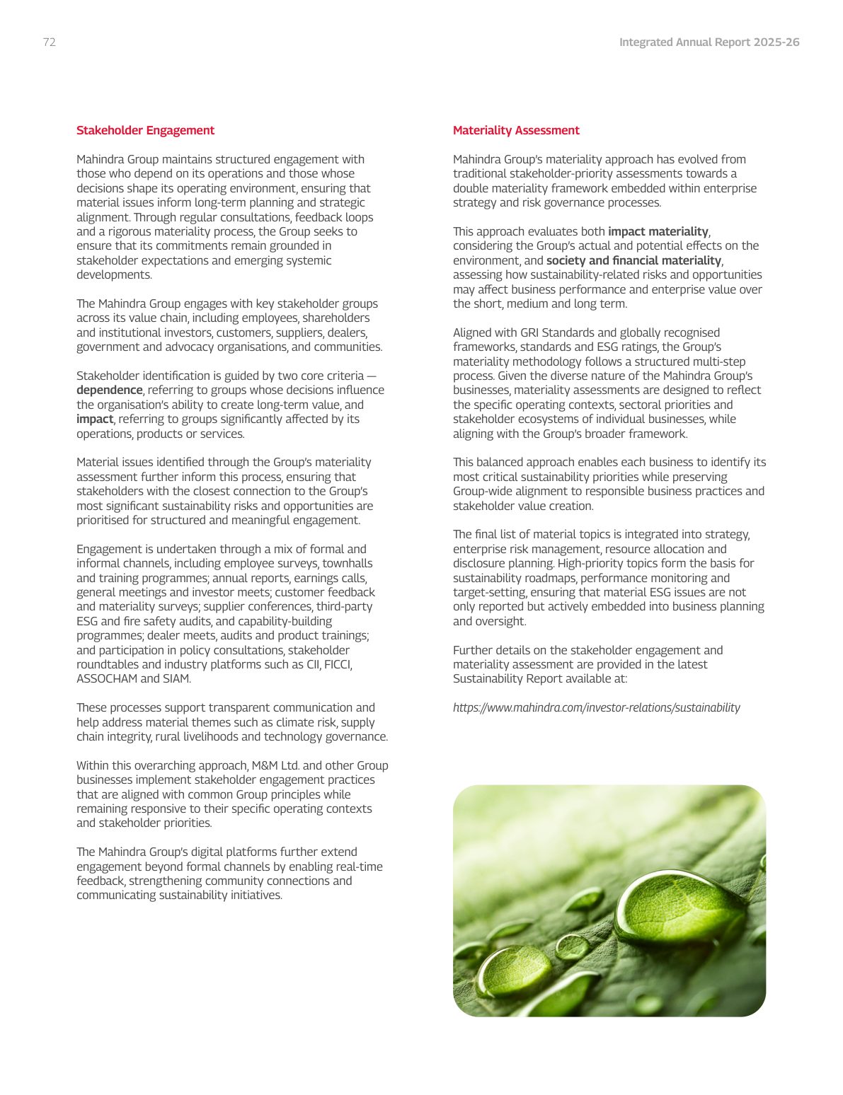 Materiality: the double materiality approach, with no topics listed and a pointer to the Sustainability Report. Source: Mahindra & Mahindra Limited, Integrated Annual Report 2025-26, p. 72.