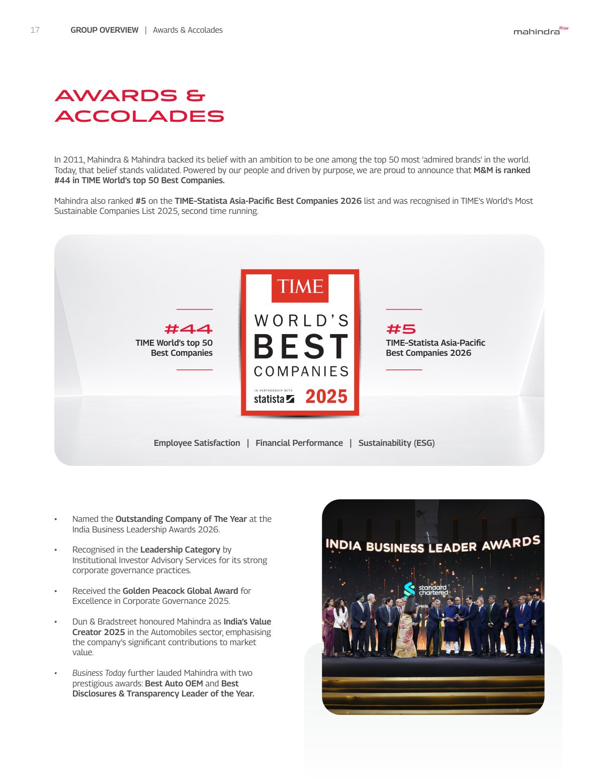 Awards and accolades open the report at page 17, before the strategy chapter. Source: Mahindra & Mahindra Limited, Integrated Annual Report 2025-26, p. 17.
