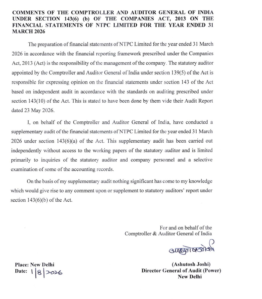 The C&AG's comments on the standalone financial statements: nothing significant to report. Source: NTPC Limited, Integrated Annual Report 2025-26, p. 360.