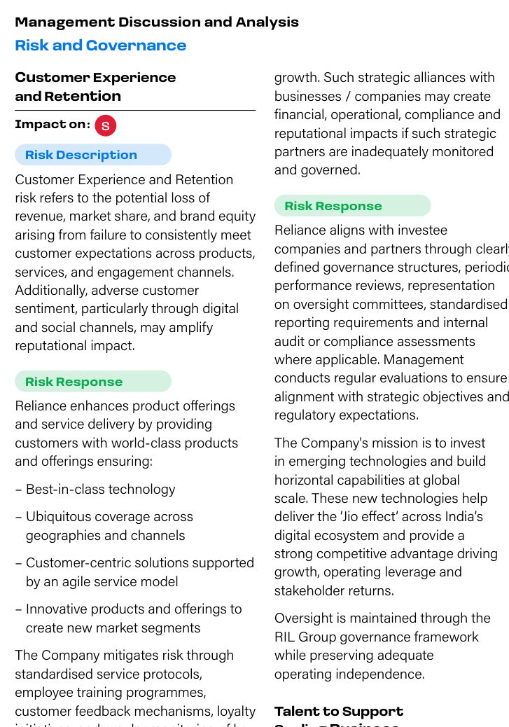 Enterprise risks tagged with the capitals they affect. Source: Reliance Industries Limited, Integrated Annual Report 2025-26, p. 28.