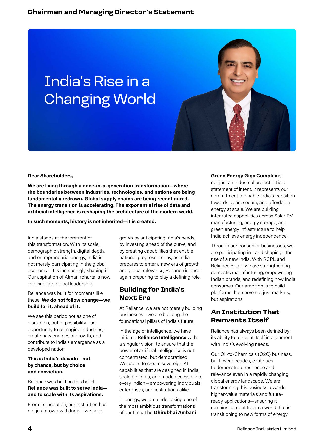 The Chairman and Managing Director's statement, "India's Rise in a Changing World", is held to one spread. Source: Reliance Industries Limited, Integrated Annual Report 2025-26, p. 4.
