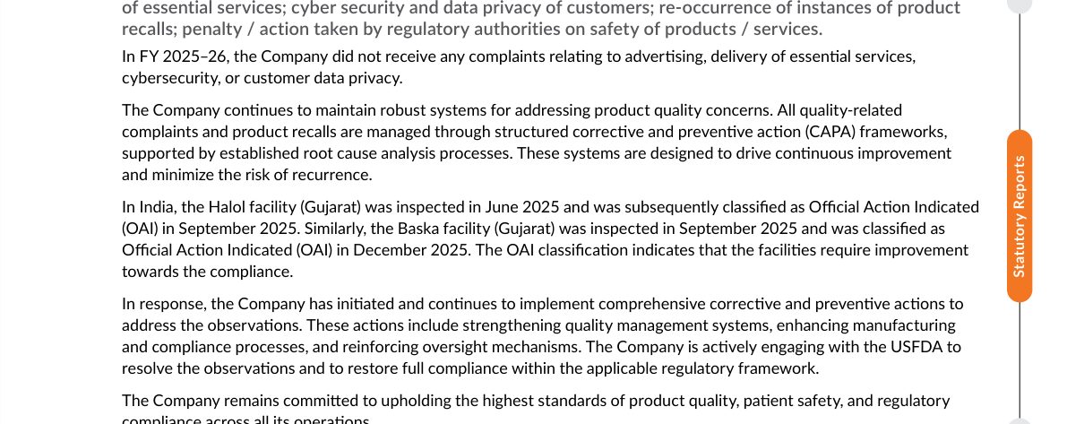 The BRSR's disclosure of the OAI classifications at Halol and Baska. Source: Sun Pharmaceutical Industries Limited, Annual Report 2025-26, p. 141.