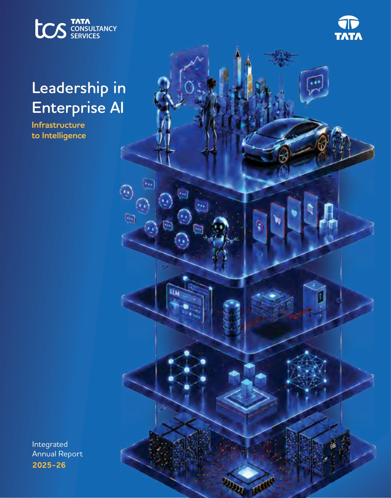 Cover of TCS's Integrated Annual Report 2025-26, "Leadership in Enterprise AI: Infrastructure to Intelligence". Source: Tata Consultancy Services.
