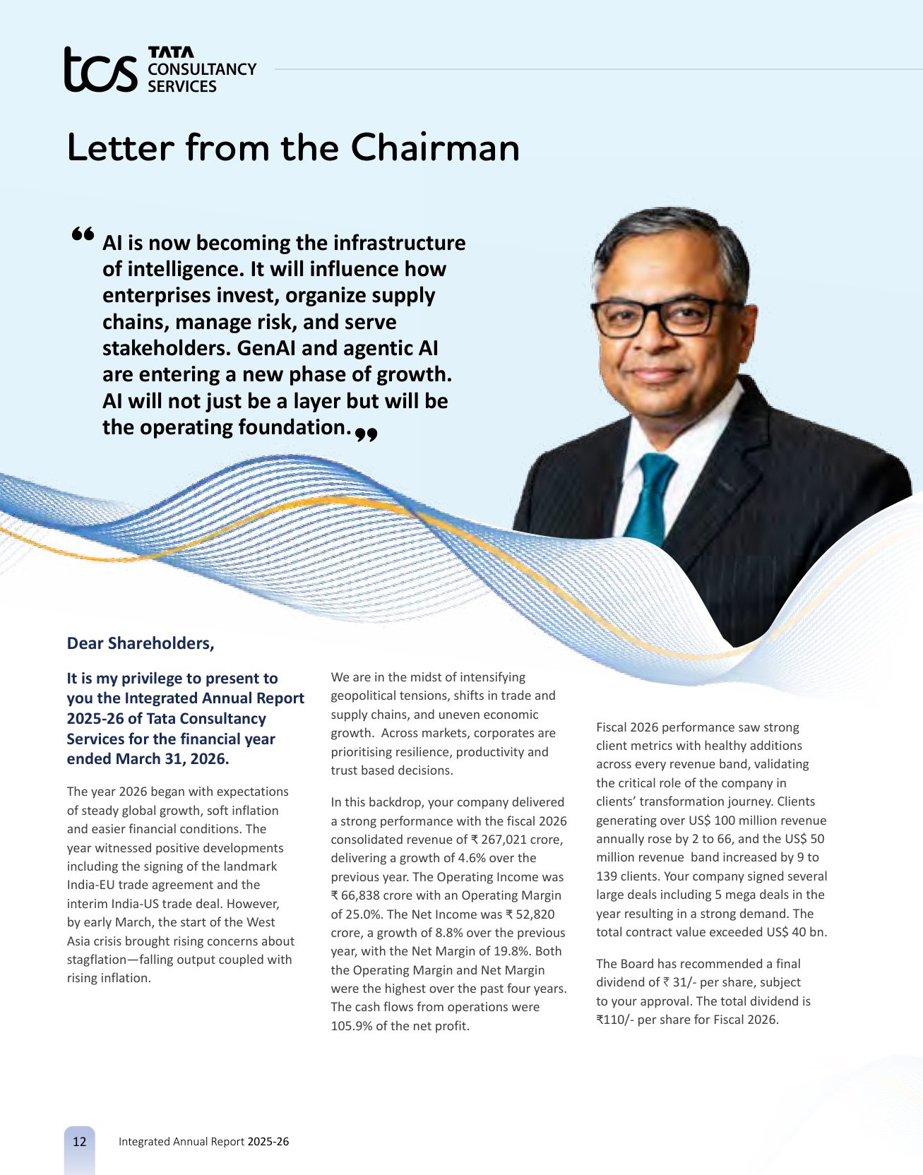 The Chairman's letter and its four focus areas for the year ahead. Source: Tata Consultancy Services, Integrated Annual Report 2025-26, pp. 12-13.